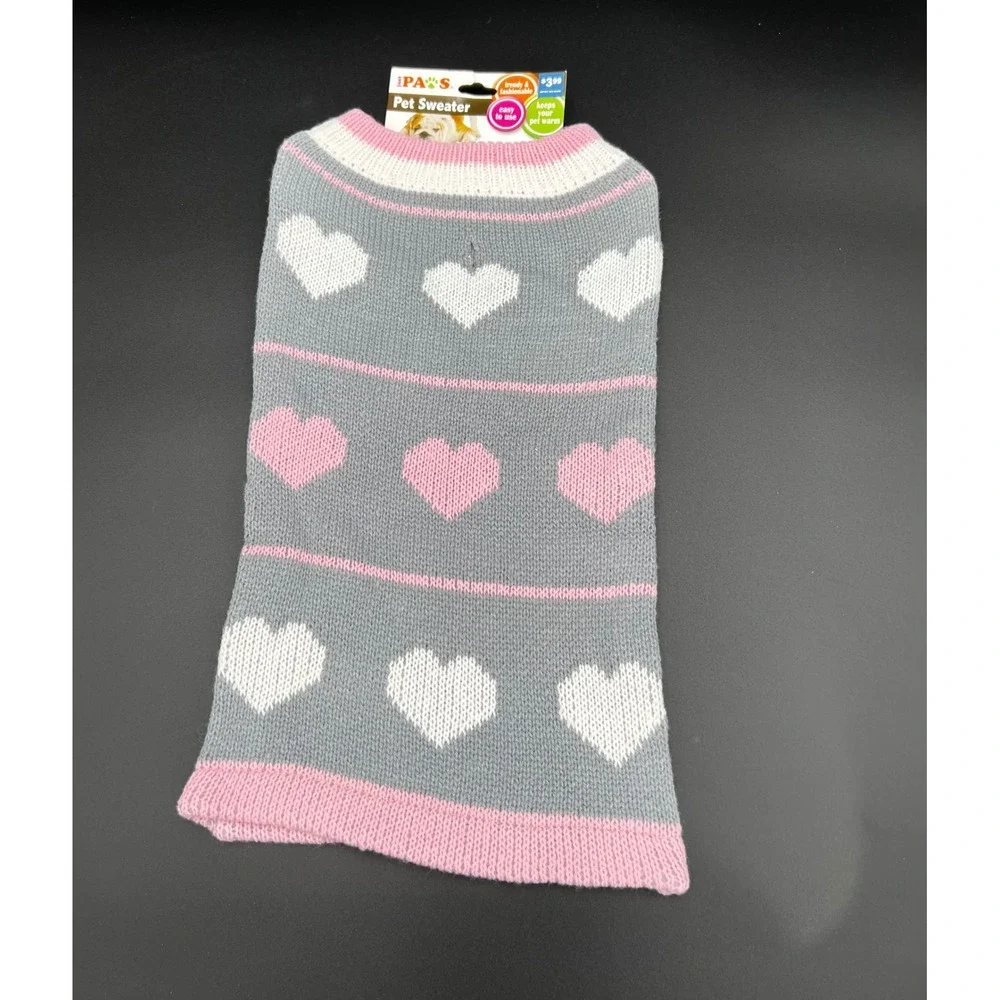 Just Paws Pet Sweater Large Gray Pink White Heart Knit Dog Clothes PK88072VW